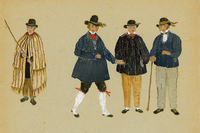 Normand en blaudes, dessin aquarellé réalisé par Jeanne Messager, fondatrice du groupe folklorique "Blaudes et Coëffes de Caen", milieu du XXe s. 